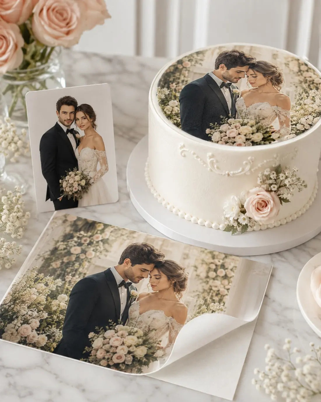 Photo de mariage imprimée sur feuille alimentaire et posée sur un gâteau