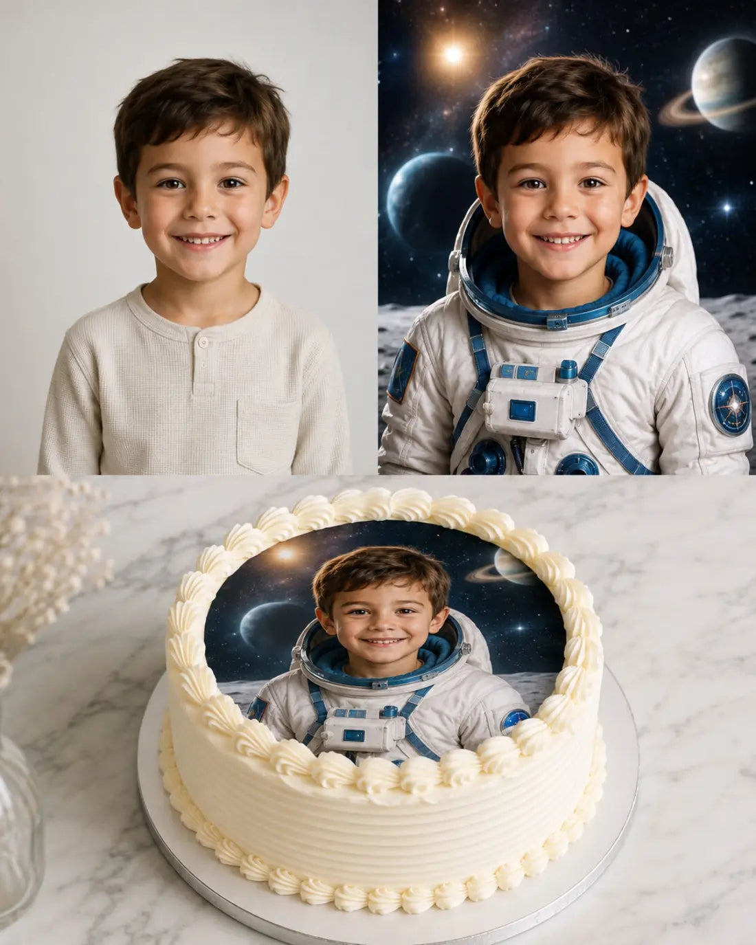 Avant après d'une photo transformée en astronaute puis posée sur un gâteau