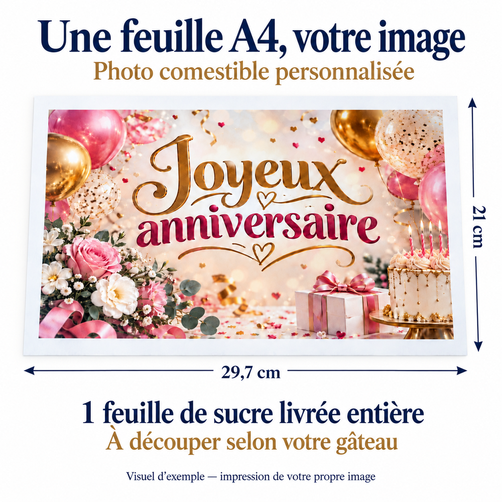 Exemple de feuille de sucre A4 personnalisée : 21 × 29,7 cm, livrée entière et non découpée.