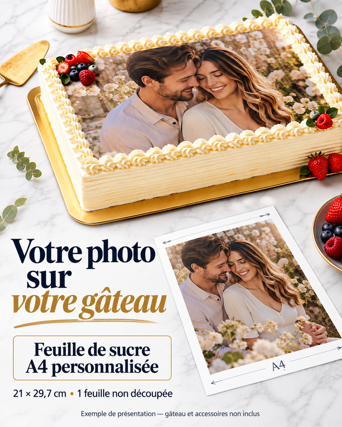 Illustration d’une photo imprimée sur une feuille de sucre A4 et posée sur un gâteau rectangulaire