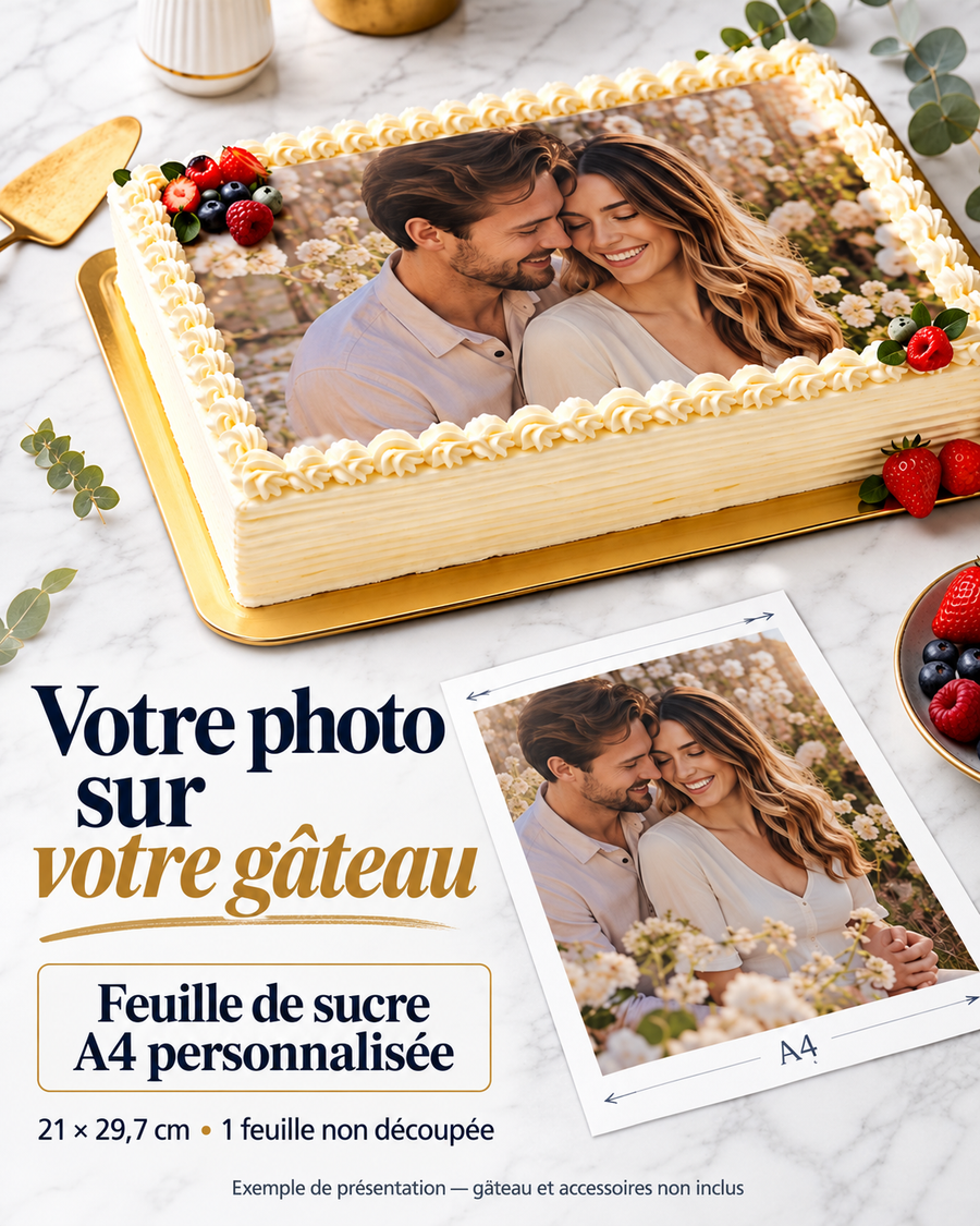 Illustration d’une photo de couple sur feuille de sucre A4 de 21 × 29,7 cm, présentée sur un gâteau non inclus.