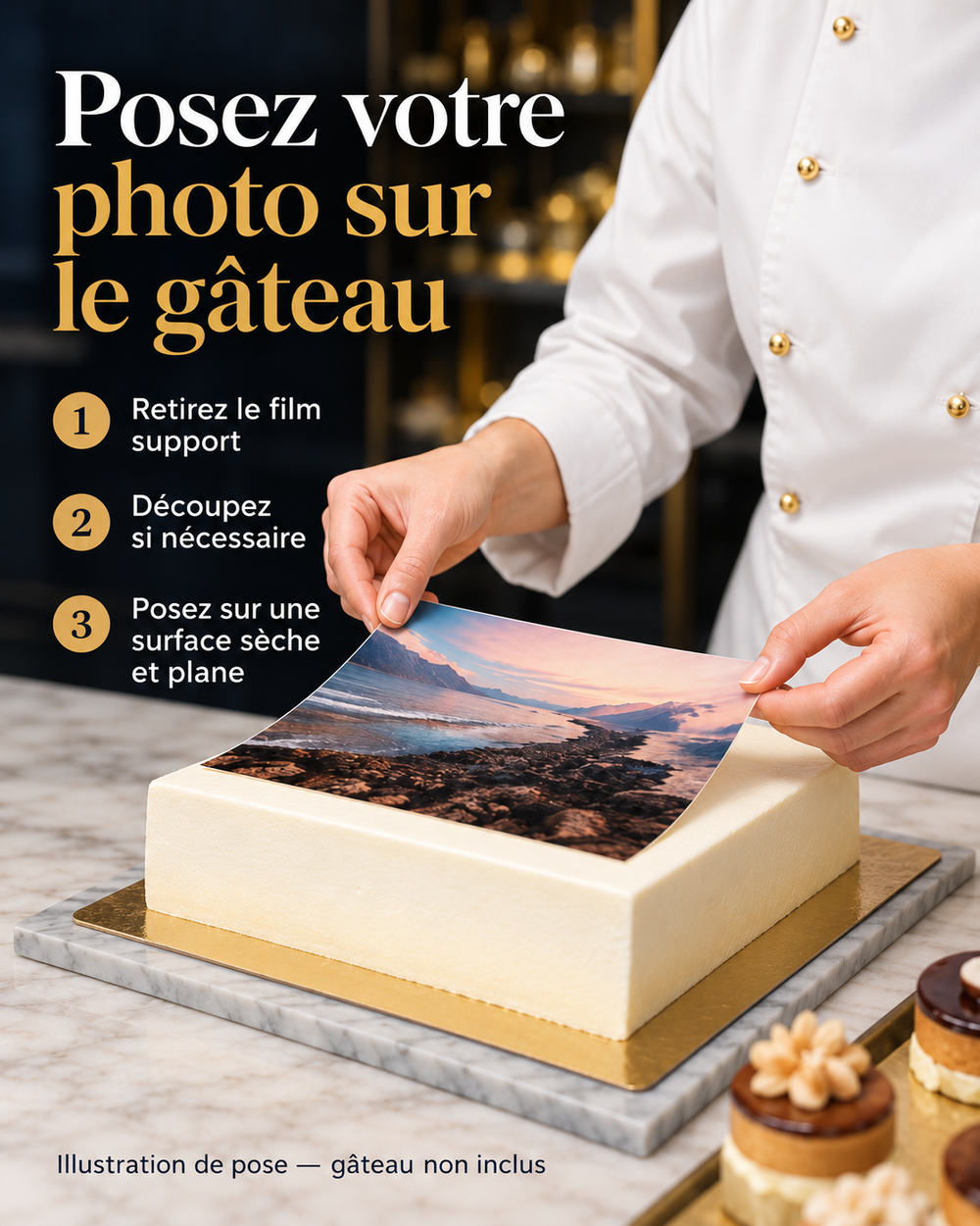 Illustration des trois étapes de pose : retirer le film support, découper si nécessaire et poser sur une surface sèche et plane.