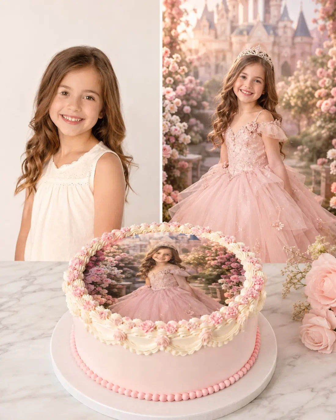 Avant après d'une photo transformée en princesse pour gâteau